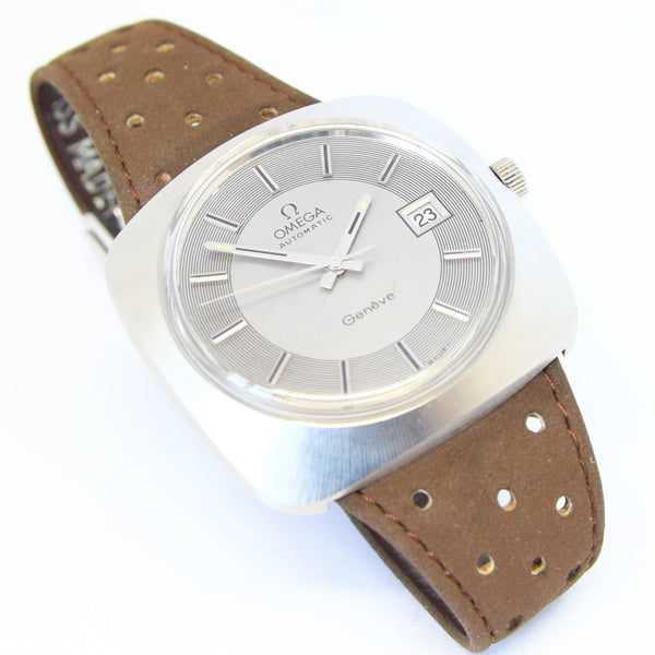 1970 Square Omega Geneve Automatic with Rare Record Dial and Date Model 166.081 in Stainless Steel