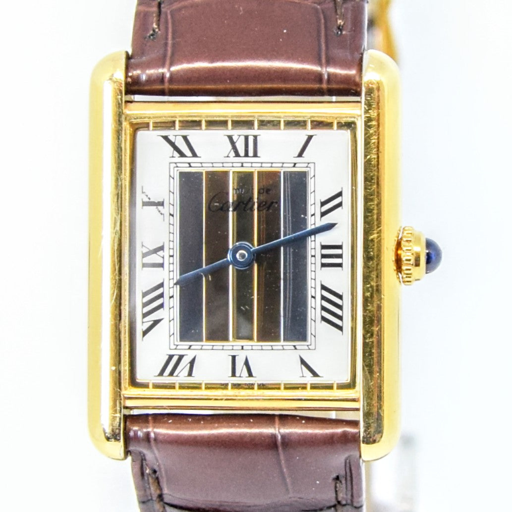 1990s Cartier Quartz Tank with Tri-Colour Dial in 925 Silver Gilt with Box and Papers