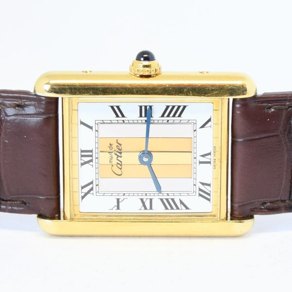 1990s Cartier Quartz Tank with Tri-Colour Dial in 925 Silver Gilt with Box and Papers