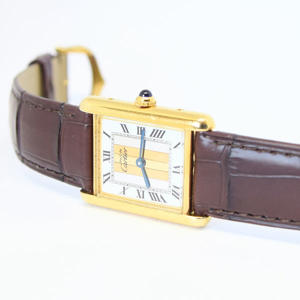 1990s Cartier Quartz Tank with Tri-Colour Dial in 925 Silver Gilt with Box and Papers