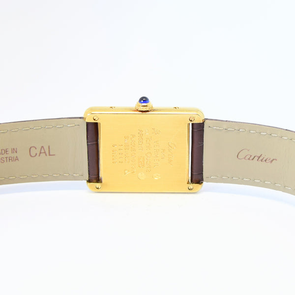 1990s Cartier Quartz Tank with Tri-Colour Dial in 925 Silver Gilt with Box and Papers