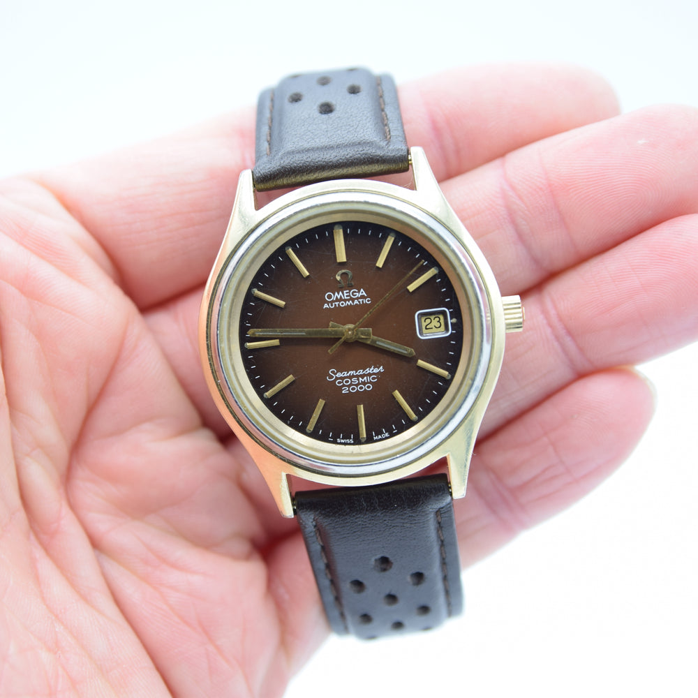 1976 Omega Rare Large Seamaster Cosmic 2000 Automatic Date Model 166.128 with Gloss Brown Spider Web Dial in Gold & Steel