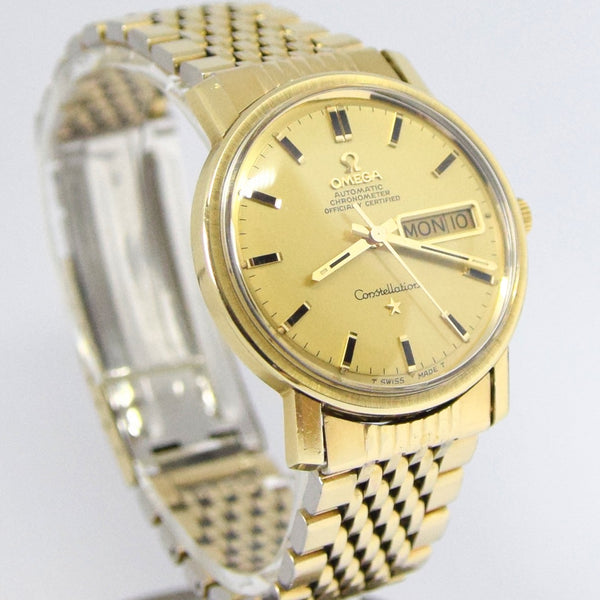 1969 Omega Constellation Auto Day Date Gold Capped with Original Box & Papers Model 168.016 on Flat Beads of Rice Bracelet