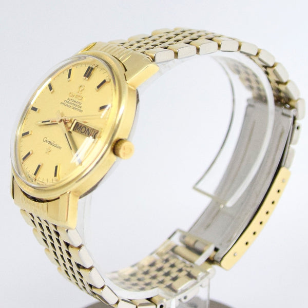 1969 Omega Constellation Auto Day Date Gold Capped with Original Box & Papers Model 168.016 on Flat Beads of Rice Bracelet