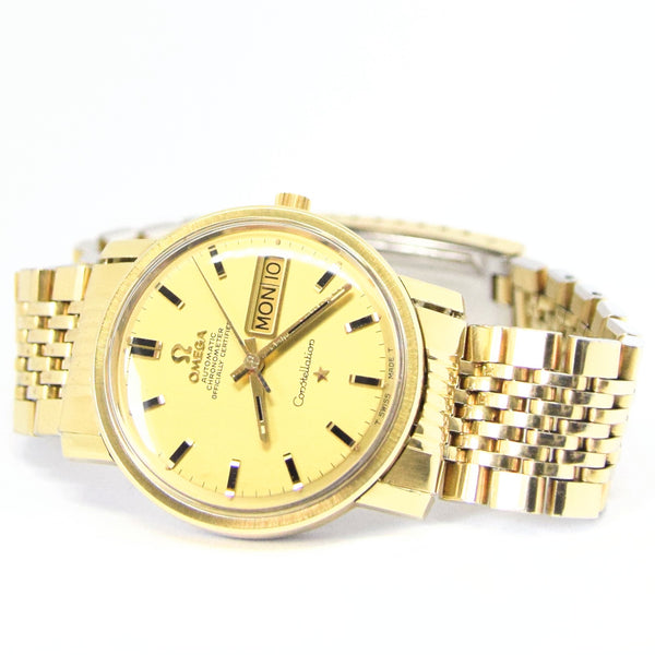 1969 Omega Constellation Auto Day Date Gold Capped with Original Box & Papers Model 168.016 on Flat Beads of Rice Bracelet