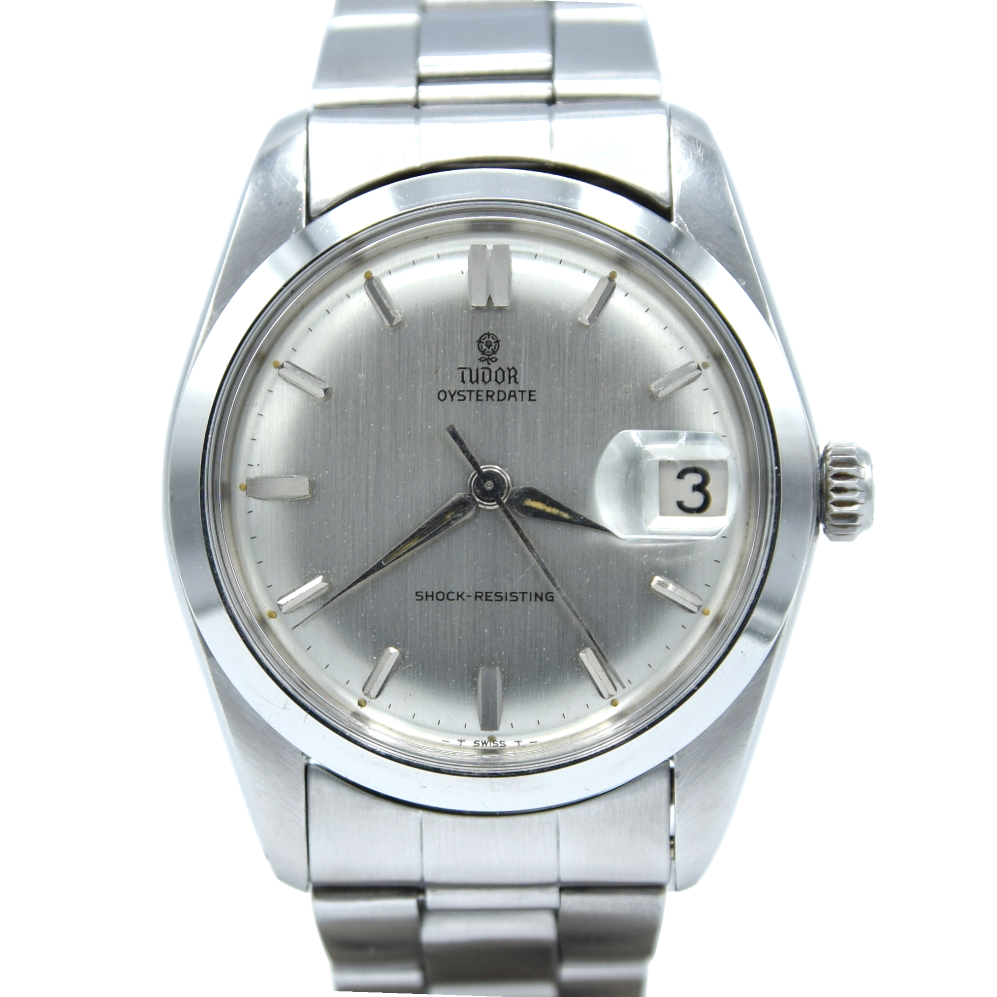 1965 Tudor Oysterdate Manual Wind Wristwatch Model 7962 with Silvered Dial on Bracelet