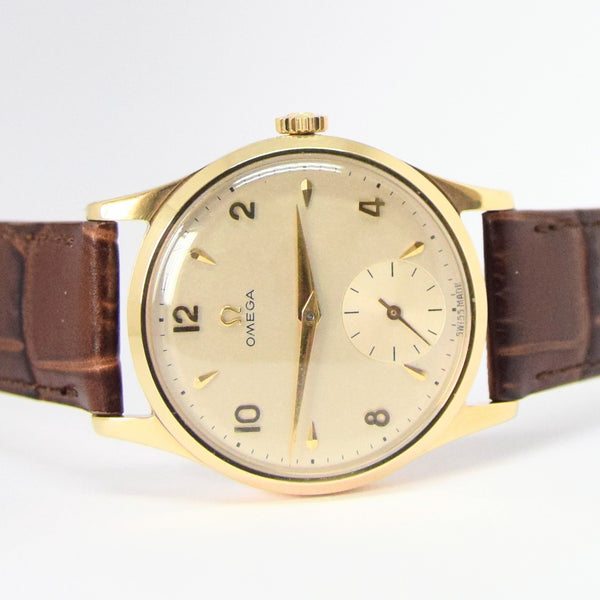 1952 Omega Manual Wind Dress Watch Model 13322 in 9ct Gold with Mixed Arrow and Arabic Numerals Sub Seconds and Original Gold Buckle