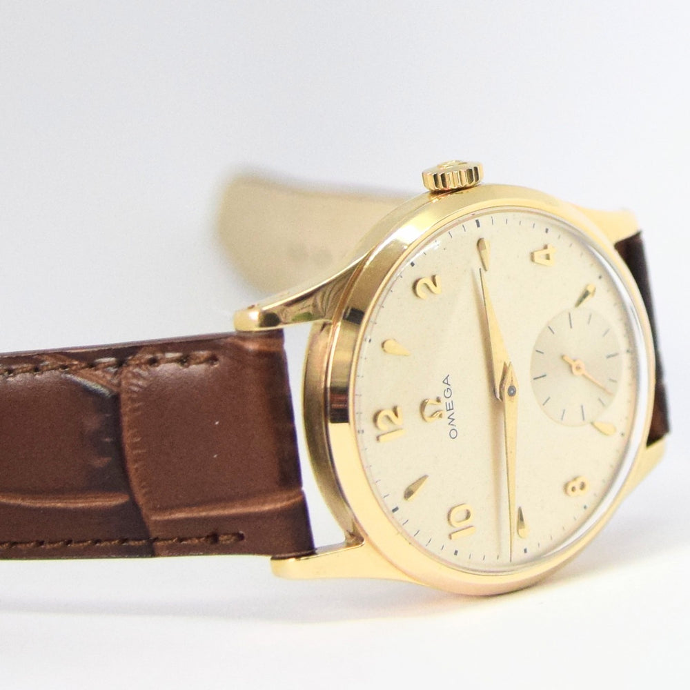 1952 Omega Manual Wind Dress Watch Model 13322 in 9ct Gold with Mixed Arrow and Arabic Numerals Sub Seconds and Original Gold Buckle