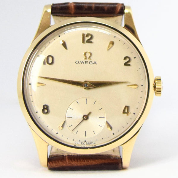 1952 Omega Manual Wind Dress Watch Model 13322 in 9ct Gold with Mixed Arrow and Arabic Numerals Sub Seconds and Original Gold Buckle