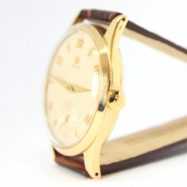 1952 Omega Manual Wind Dress Watch Model 13322 in 9ct Gold with Mixed Arrow and Arabic Numerals Sub Seconds and Original Gold Buckle