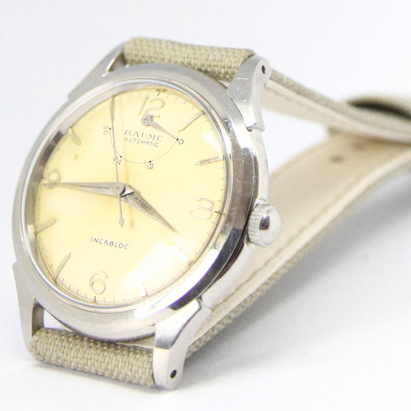 1950s Unusual Baume Swiss Power Reserve Automatic Wristwatch with Mixed Arrow & Arabic Numerals