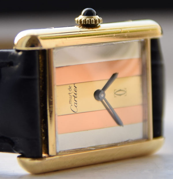 Cartier Tank Mechanical Manual Wind with Tri Colour Dial in Silver Gilt Circa 1970