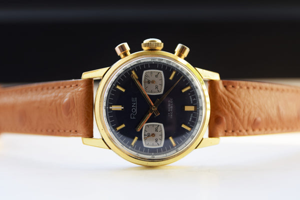1970s Rone Valjoux Chronograph with Blue Dial in Gold Plate