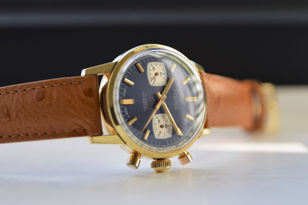 1970s Rone Valjoux Chronograph with Blue Dial in Gold Plate