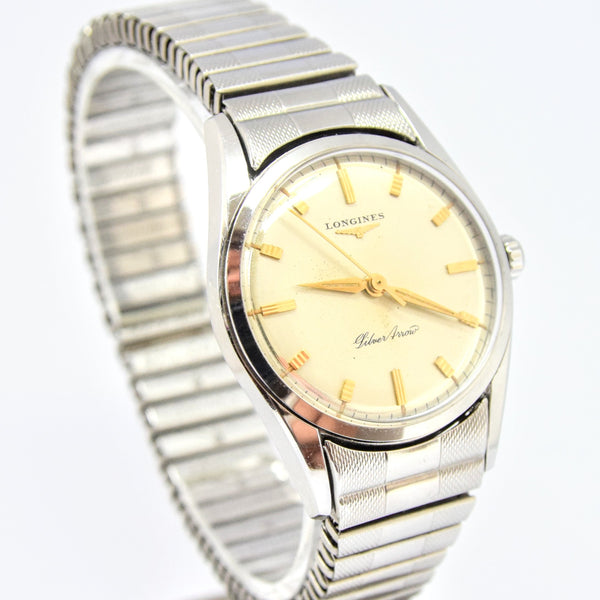 1957 Longines Silver Arrow Manual Wind in Stainless Steel on Rare Longines Fixoflex Bracelet Model 9100 & Archive Extract