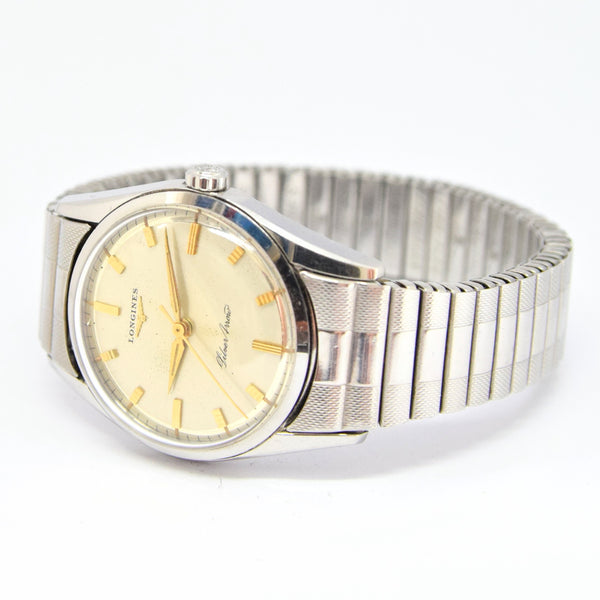 1957 Longines Silver Arrow Manual Wind in Stainless Steel on Rare Longines Fixoflex Bracelet Model 9100 & Archive Extract