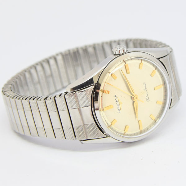 1957 Longines Silver Arrow Manual Wind in Stainless Steel on Rare Longines Fixoflex Bracelet Model 9100 & Archive Extract