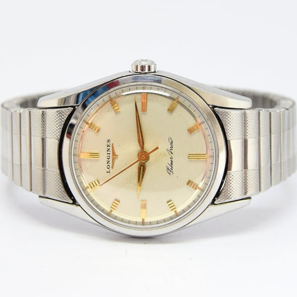 1957 Longines Silver Arrow Manual Wind in Stainless Steel on Rare Longines Fixoflex Bracelet Model 9100 & Archive Extract