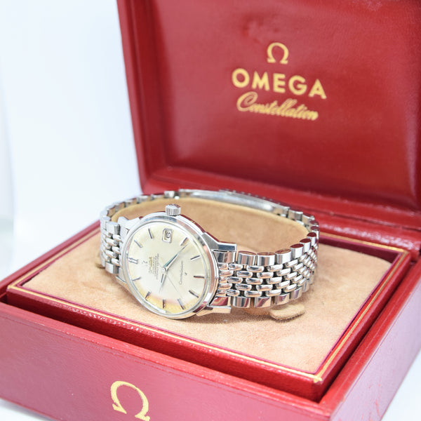 1964 Omega Constellation Auto with Dog Leg Lugs & Original Box Model 168.005 on Beads of Rice Bracelet