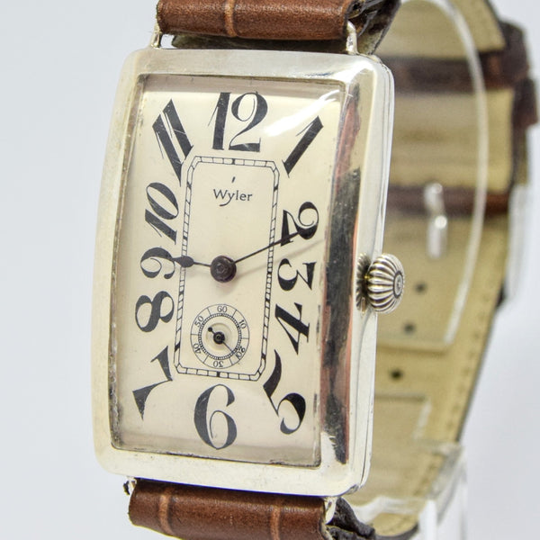 1915 Wyler Over-Sized Art Deco Wristwatch with Solid Silver Dial and exploding Arabic Numerals in Sterling Silver