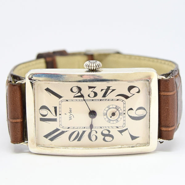 1915 Wyler Over-Sized Art Deco Wristwatch with Solid Silver Dial and exploding Arabic Numerals in Sterling Silver