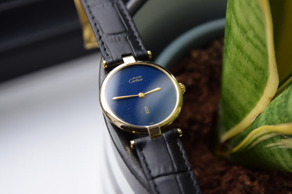 Cartier Ronde Vermeil with Lapis-Type Dial and Vendôme Lugs in Sterling Silver 925 Gilt Circa 1990s