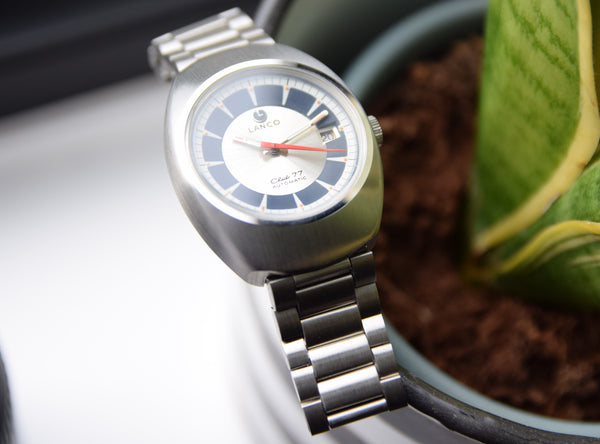 NOS unused swiss  Lanco Club 77 retro watch in Stainless Steel on Bracelet Dated 1977
