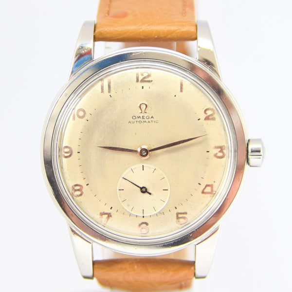 1950 Omega Large Automatic Bumper with Arabic Dial Jumbo Model 2493 in Stainless Steel Case with Archive Extract