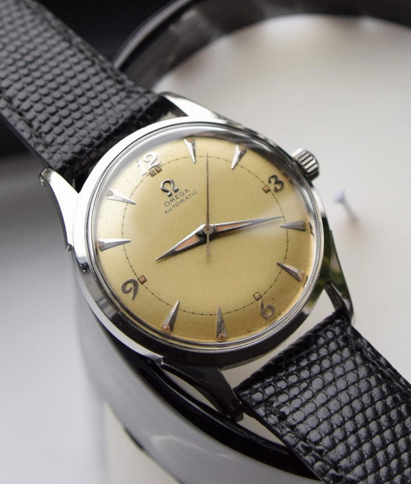 1950 Omega Bumper Automatic with Patina Dial Model 2635 in Stainless Steel