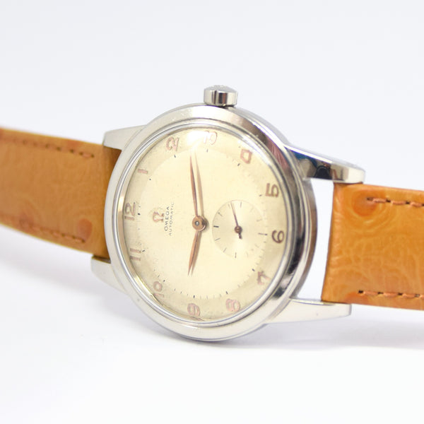 1950 Omega Large Automatic Bumper with Arabic Dial Jumbo Model 2493 in Stainless Steel Case with Archive Extract