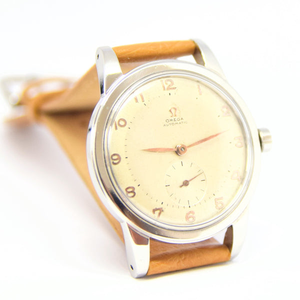 1950 Omega Large Automatic Bumper with Arabic Dial Jumbo Model 2493 in Stainless Steel Case with Archive Extract