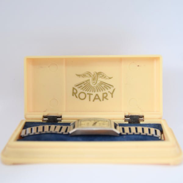 1930s Rotary Deluxe Deco Tonneau Wristwatch Early Waterproof Patent with Arabic Numerals and Bakelite Box