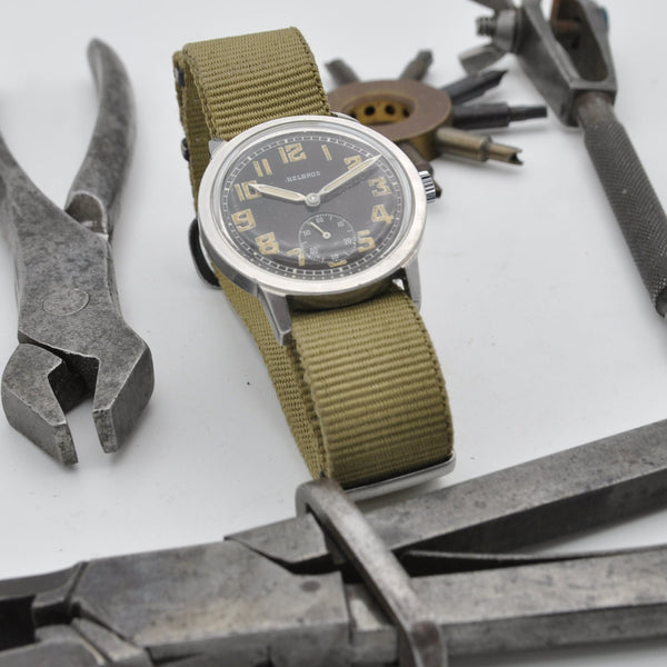 1940s Helbros Rare Military Style Wristwatch with Original Propaganda Box Helvetia Cal 82a