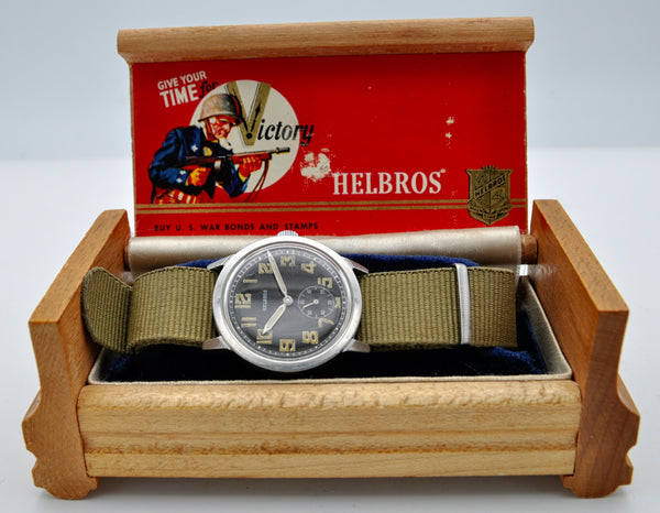1940s Helbros Rare Military Style Wristwatch with Original Propaganda Box Helvetia Cal 82a