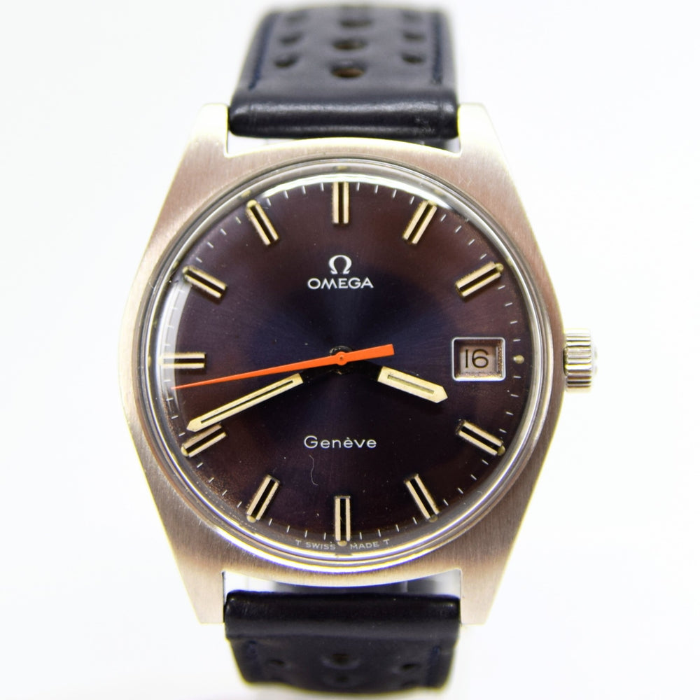 1969 Omega Geneve Date Model 136.041 Manual Wind with Metallic Blue Dial