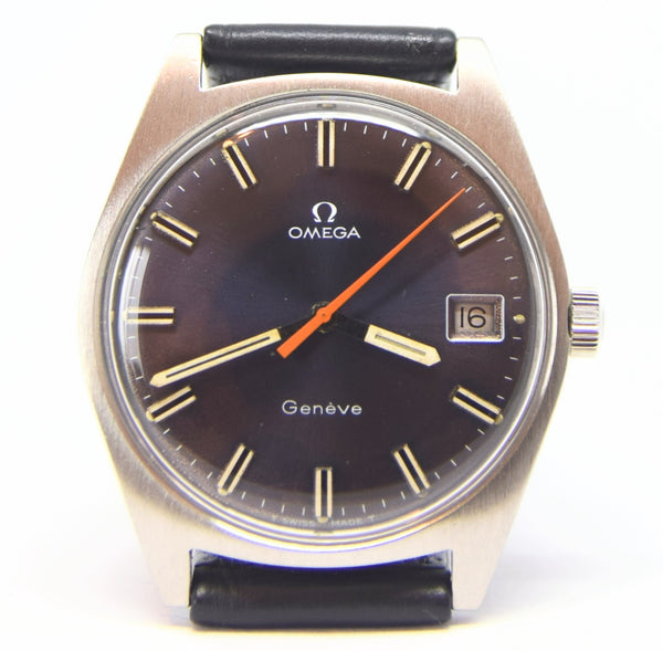 1969 Omega Geneve Date Model 136.041 Manual Wind with Metallic Blue Dial