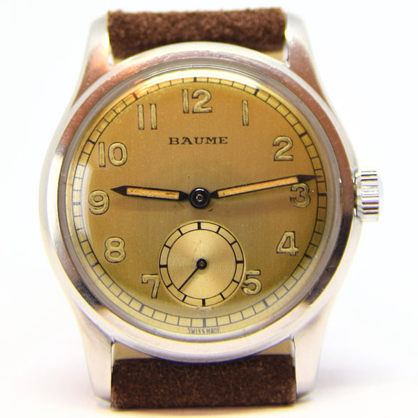 1940s Baume Manual Wind Wristwatch with Original Salmon Dial and Great Lume! UK Agent for Longines