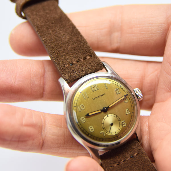 1940s Baume Manual Wind Wristwatch with Original Salmon Dial and Great Lume! UK Agent for Longines