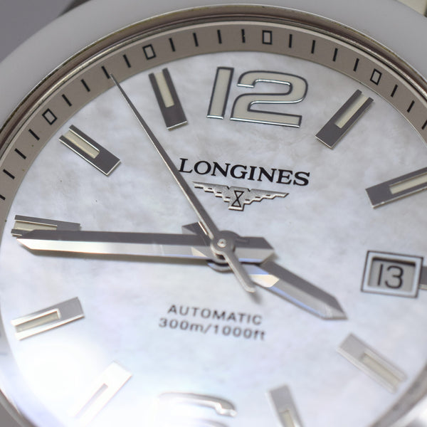 Longines Conquest Automatic Watch Model L36554862 in 39mm with MOP Dial - Stainless Steel & Ceramic Case with Box