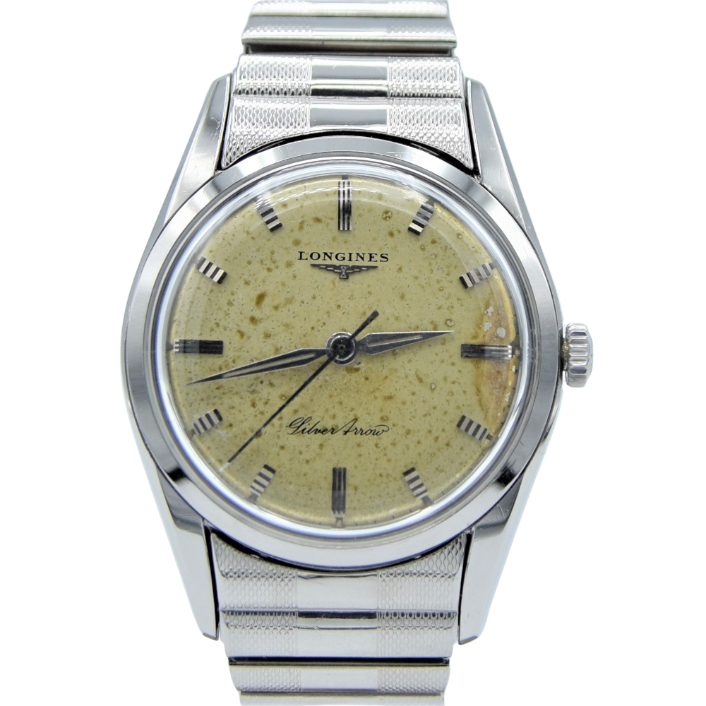 1957 Longines Silver Arrow Manual Wind in Stainless Steel on Rare Longines Fixoflex Bracelet Model 9100 & Archive Extract