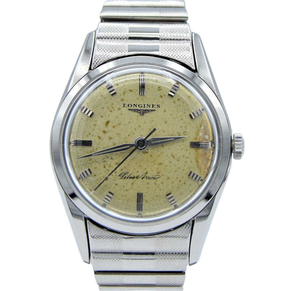 1957 Longines Silver Arrow Manual Wind in Stainless Steel on Rare Longines Fixoflex Bracelet Model 9100 & Archive Extract