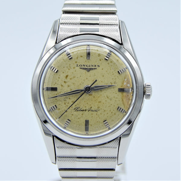1957 Longines Silver Arrow Manual Wind in Stainless Steel on Rare Longines Fixoflex Bracelet Model 9100 & Archive Extract
