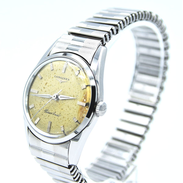 1957 Longines Silver Arrow Manual Wind in Stainless Steel on Rare Longines Fixoflex Bracelet Model 9100 & Archive Extract