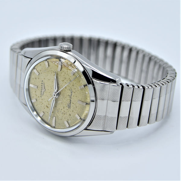 1957 Longines Silver Arrow Manual Wind in Stainless Steel on Rare Longines Fixoflex Bracelet Model 9100 & Archive Extract