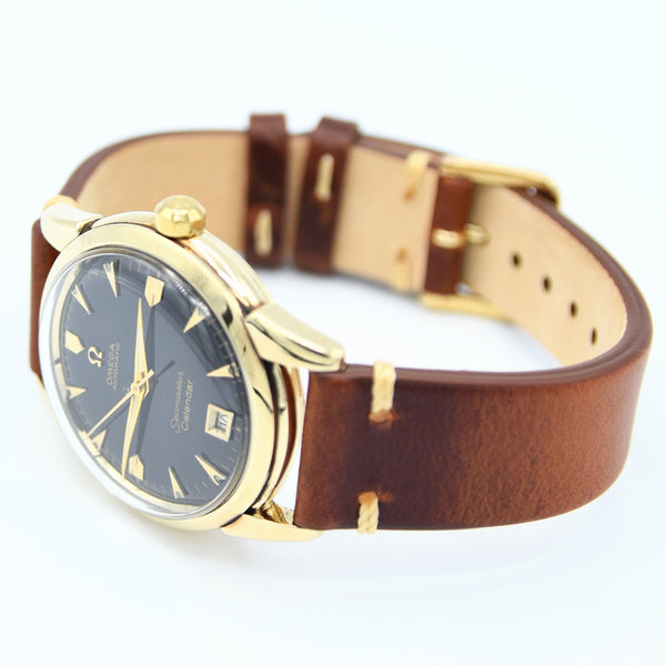 1952 Rare Omega Seamaster Automatic Bumper First Date Model 2627 with Black Dial in Solid 14ct Gold