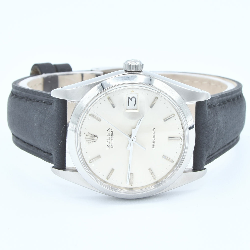 1973 Rolex Oysterdate Precision Wristwatch Model 6694 with Original Silvered Dial in Stainless Steel Oyster Case on Leather + buckle