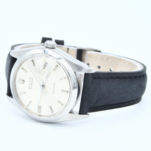 1973 Rolex Oysterdate Precision Wristwatch Model 6694 with Original Silvered Dial in Stainless Steel Oyster Case on Leather + buckle