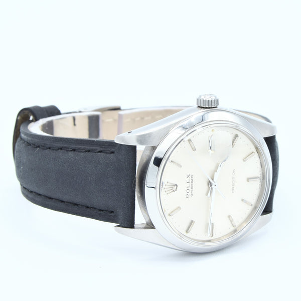 1973 Rolex Oysterdate Precision Wristwatch Model 6694 with Original Silvered Dial in Stainless Steel Oyster Case on Leather + buckle