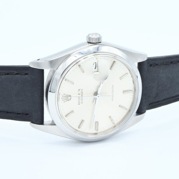 1973 Rolex Oysterdate Precision Wristwatch Model 6694 with Original Silvered Dial in Stainless Steel Oyster Case on Leather + buckle
