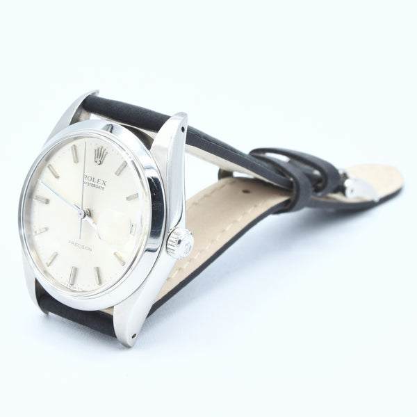 1973 Rolex Oysterdate Precision Wristwatch Model 6694 with Original Silvered Dial in Stainless Steel Oyster Case on Leather + buckle